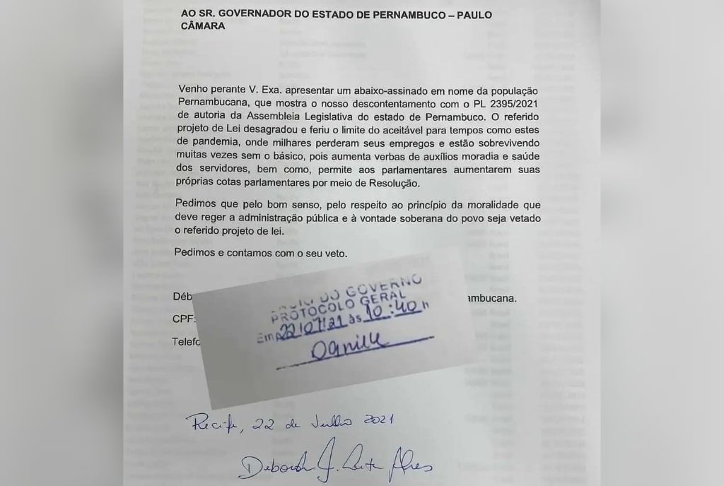 Advogada protocola abaixo-assinado contra projeto de Lei que permite aumento da cota parlamentar na ALEPE.